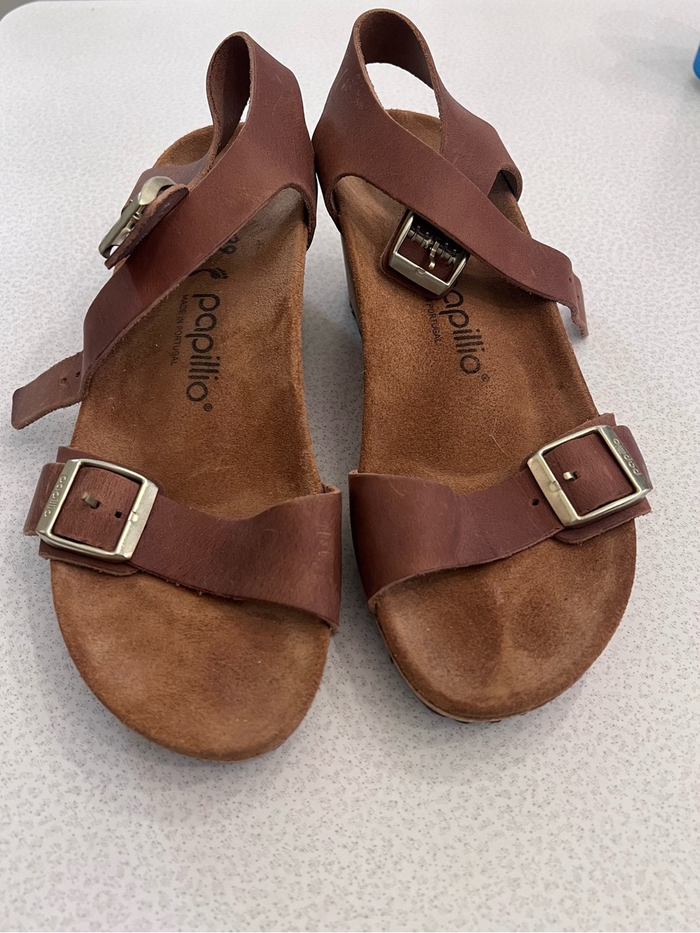 Papillio Women's Brown Leather Triple-Buckle Slingback Sandals